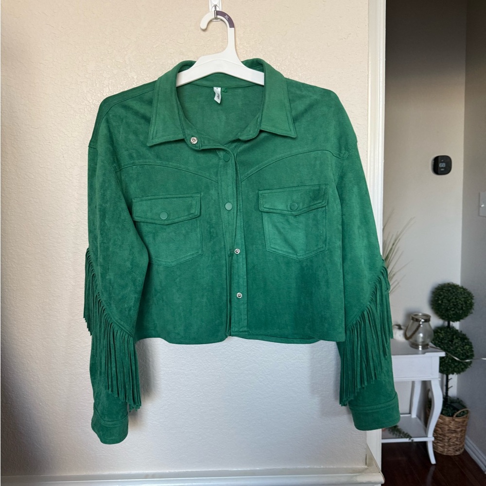 Green Suede Fringe Jacket medium Glam - Picture 11 of 13